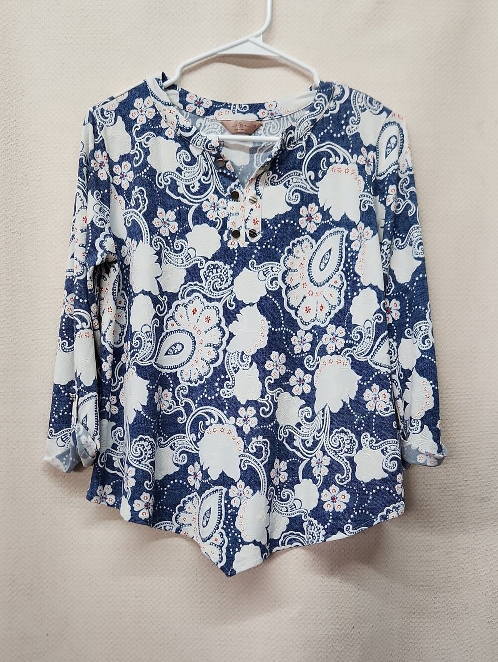 SJS Navy and White Paisley Henley Long Sleeve Top